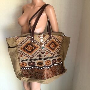 Myra Bag Aztecan Boho Embroidered Canvas Tote Tan/Brown Weekender Bag Tote